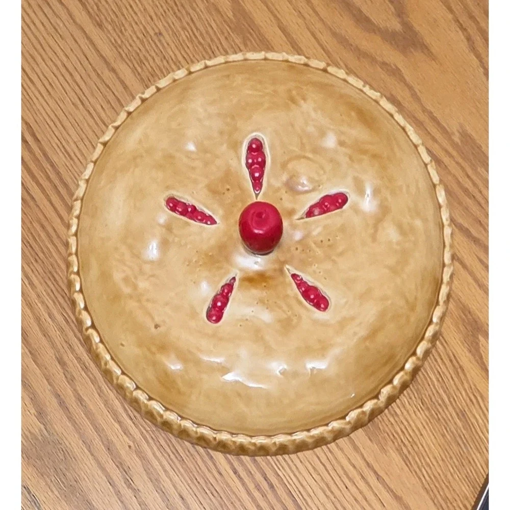 Vintage 1980's Ceramic Cherry Pie Themed Pie plate Lid Cover Hand Painted
